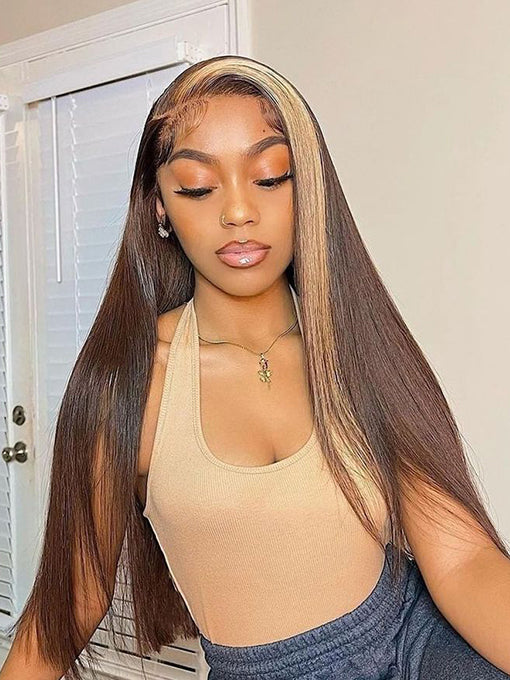 IRoyal Highlights Ombre Human Hair Wigs Straight Transparent Lace Wigs Pre Plucked