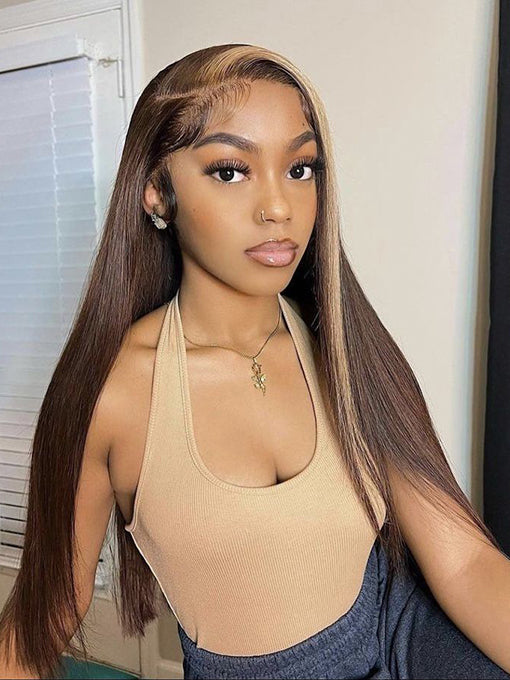 IRoyal Highlights Ombre Human Hair Wigs Straight Transparent Lace Wigs Pre Plucked