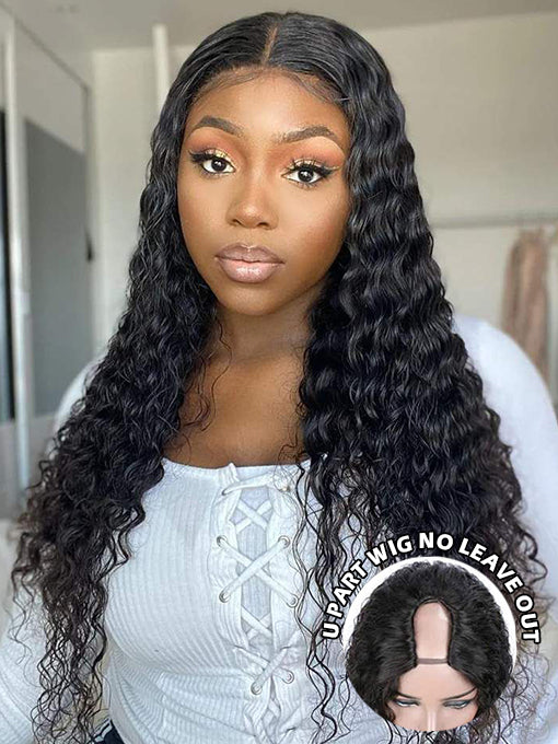 IRoyal Hair Deep Wave Hair 180% Density Human Hair U Part Wig Affordable Glueless No Lace Wig