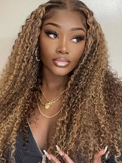 Highlight Kinky Curly Wig #4/27 Ombre Colored Honey Blonde Wig Brown Wig With Blonde
