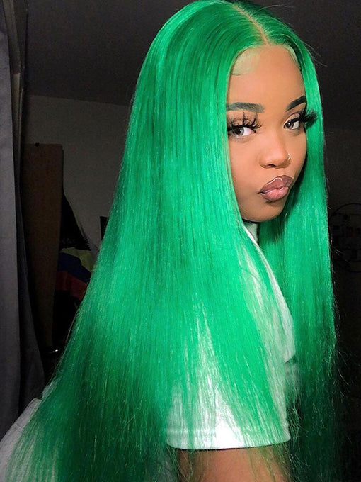 IRoyal Hair Green Color Skunk Stripe Hair Straight Honey Blonde Highlights 13x4 Lace Front Wigs