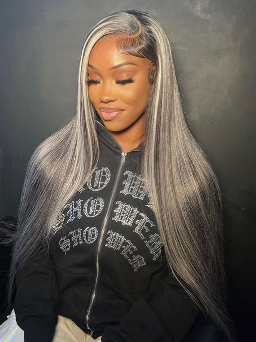 IRoyal Hair Highlight 13x4 1B/GrayStraight Ombre Highlights Hair 13x4 Lace Front Wigs