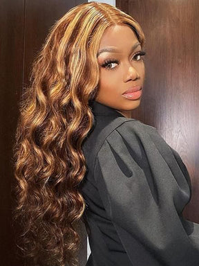Body Wave Wig Brown With Blonde Highlights Wig #P4/27 Human Hair 13x4 Lace Wigs