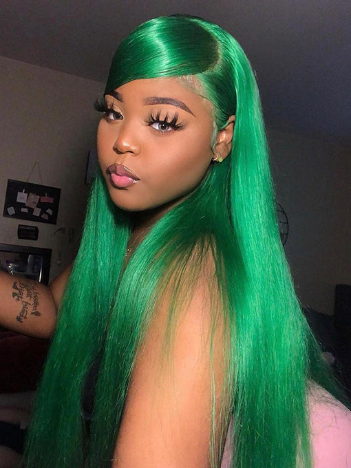 IRoyal Hair Green Color Skunk Stripe Hair Straight Honey Blonde Highlights 13x4 Lace Front Wigs