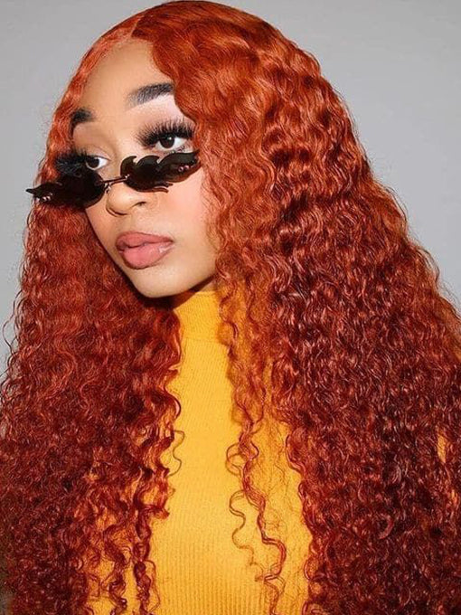 Pumpkin Orange Deep Wave Lace Closure Wigs Human Hair Pre Plucked With Baby Hair