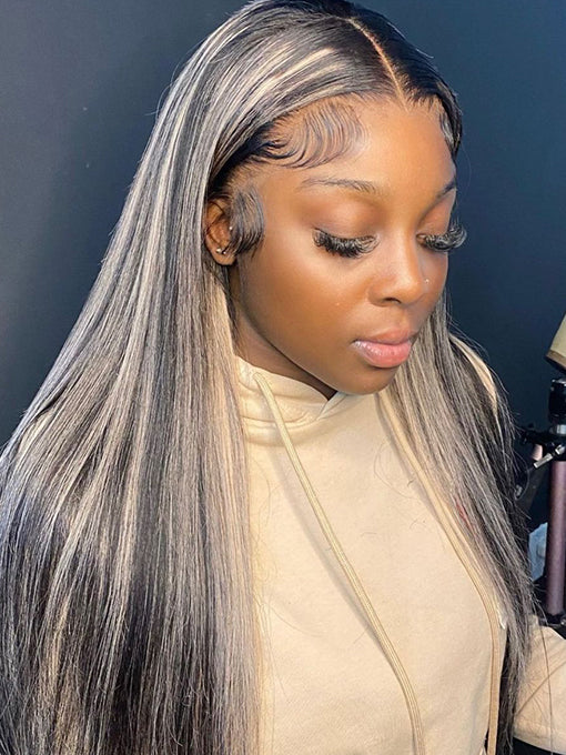 IRoyal Hair Highlight 13x4 1B/GrayStraight Ombre Highlights Hair 13x4 Lace Front Wigs