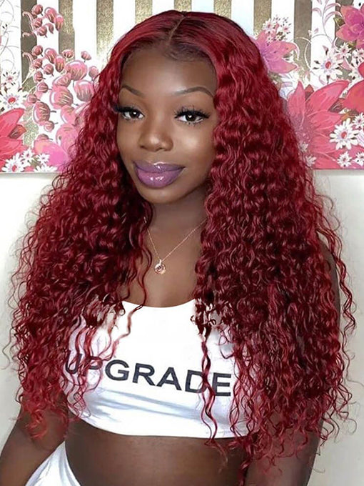 99J Burgundy Deep Wave Wig 13x4 Human Hair Wigs Transparent Lace Front Wig