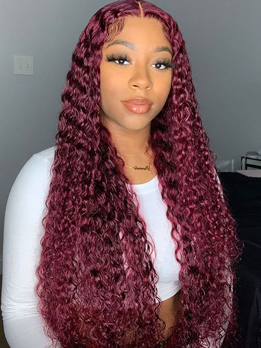 99J Burgundy Deep Wave Wig 13x4 Human Hair Wigs Transparent Lace Front Wig