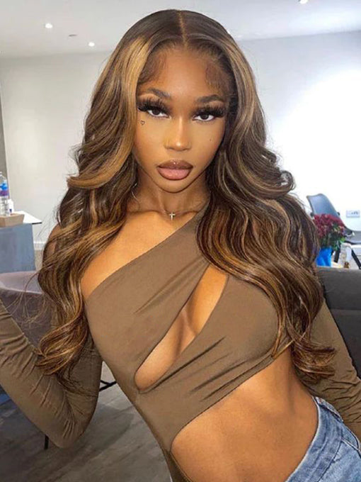 Body Wave Wig Brown With Blonde Highlights Wig #P4/27 Human Hair 13x4 Lace Wigs