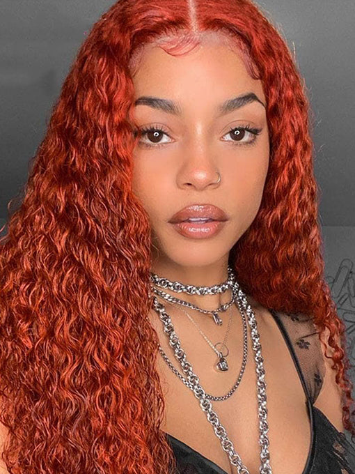 Pumpkin Orange Deep Wave Lace Closure Wigs Human Hair Pre Plucked With Baby Hair