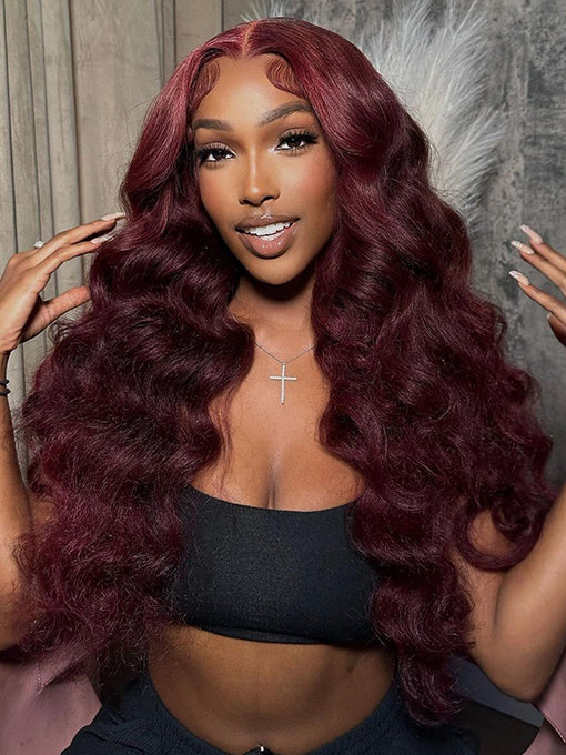 Burgundy 99J Body Wave Super Long Hair Red Human Hair 13x4 Wig