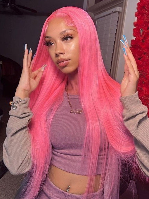 IRoyal Hair 13x4 Hot Pink Colored Straight Human Hair 13x4 Lace Front Wigs