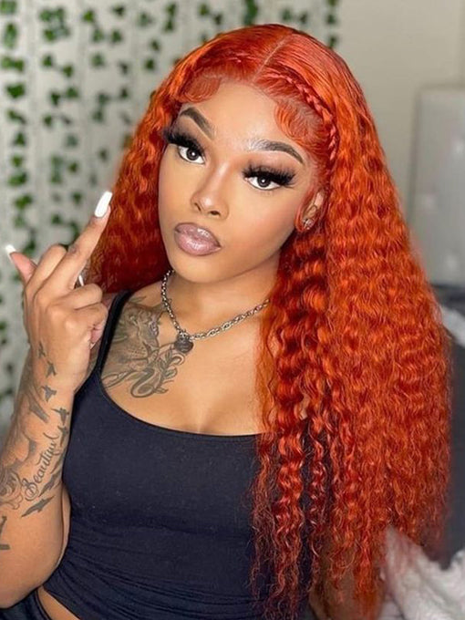 Pumpkin Orange Deep Wave Lace Closure Wigs Human Hair Pre Plucked With Baby Hair