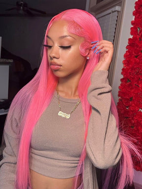 IRoyal Hair 13x4 Hot Pink Colored Straight Human Hair 13x4 Lace Front Wigs