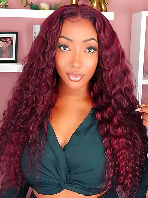 99J Burgundy Deep Wave Wig 13x4 Human Hair Wigs Transparent Lace Front Wig