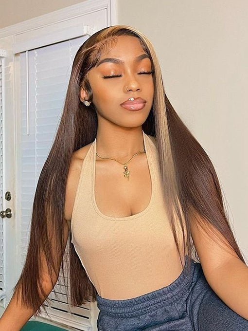 IRoyal Highlights Ombre Human Hair Wigs Straight Transparent Lace Wigs Pre Plucked