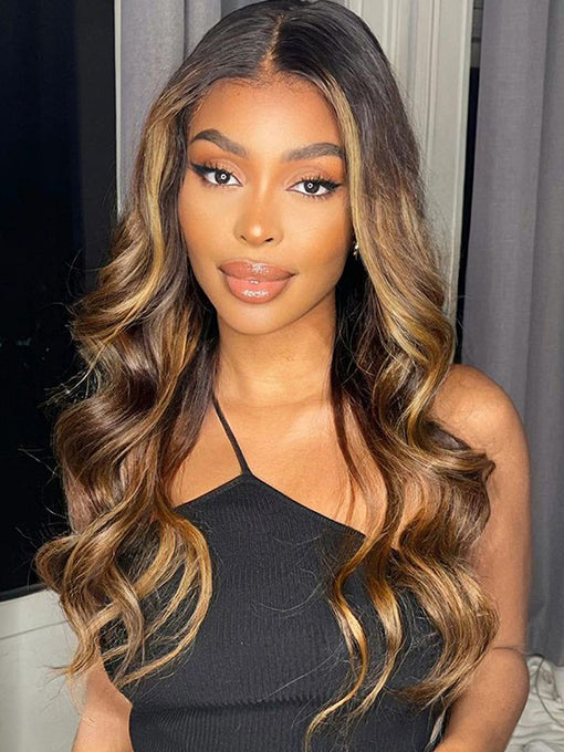 Body Wave Wig Brown With Blonde Highlights Wig #P4/27 Human Hair 13x4 Lace Wigs