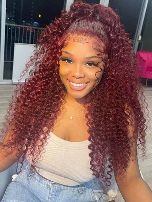 IRoyal Hair 99J Burgundy Color Kinky Curly Wig 13x4/13x6 Human Hair Wigs