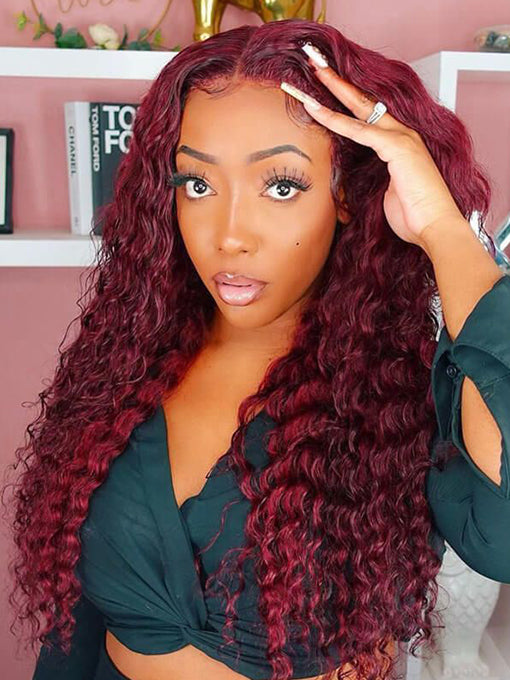 99J Burgundy Deep Wave Wig 13x4 Human Hair Wigs Transparent Lace Front Wig