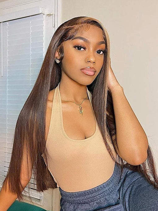 IRoyal Highlights Ombre Human Hair Wigs Straight Transparent Lace Wigs Pre Plucked