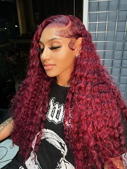 99J Burgundy Deep Wave Wig 13x4 Human Hair Wigs Transparent Lace Front Wig