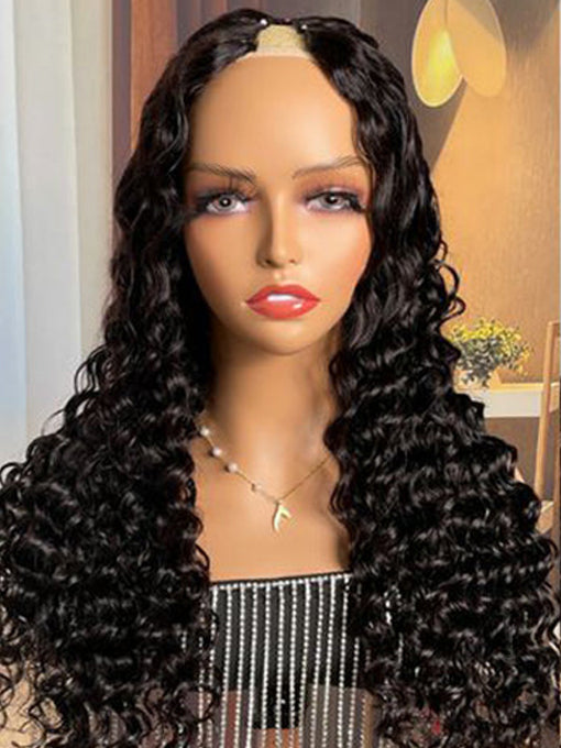 IRoyal Hair Deep Wave Hair 180% Density Human Hair U Part Wig Affordable Glueless No Lace Wig