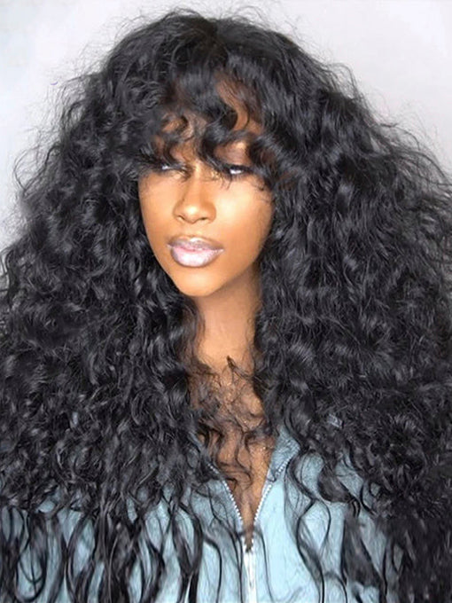 Glueless Wig Deep Wave Hair Non Lace Wigs Full Machine Made Wigs With Bangs