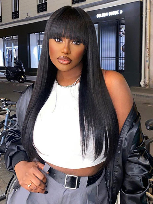 IRoyal Hair Straight Hair Non Lace Wigs Full Machine Made Wigs With Bangs Glueless Wig