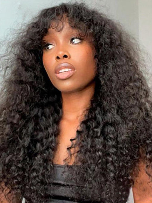 Glueless Wig Deep Wave Hair Non Lace Wigs Full Machine Made Wigs With Bangs