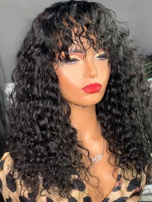 Glueless Wig Deep Wave Hair Non Lace Wigs Full Machine Made Wigs With Bangs