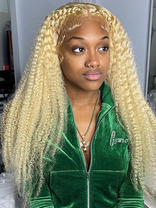 IRoyal Hair 613 Blonde Hair Kinky Curly Lace Closure Wigs Human Hair Pre Plucked With Baby Hair