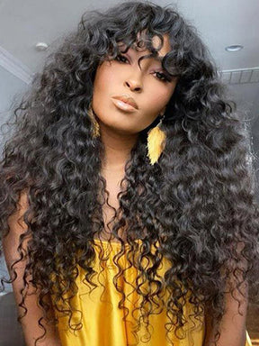 Glueless Wig Deep Wave Hair Non Lace Wigs Full Machine Made Wigs With Bangs